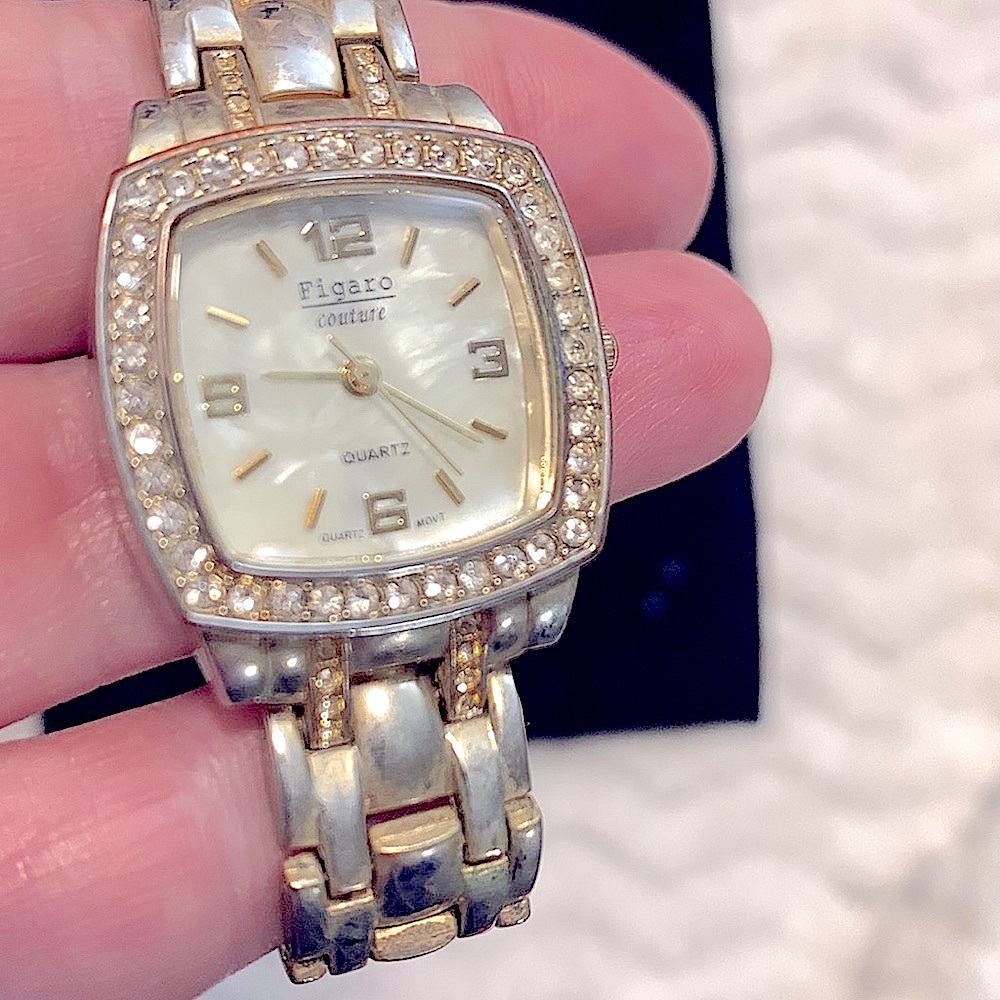 VINTAGE Gold-tone Linked Watch•By Figaro Couture•CZ Paved Pearly-Square Face